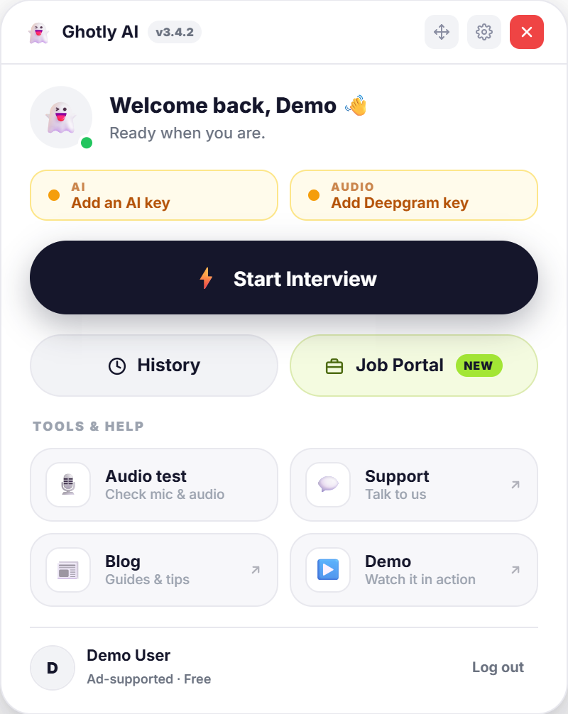 Ghotly AI home screen: the plan strip, the Start Interview button, History, and tools for audio test, support, blog and demo.